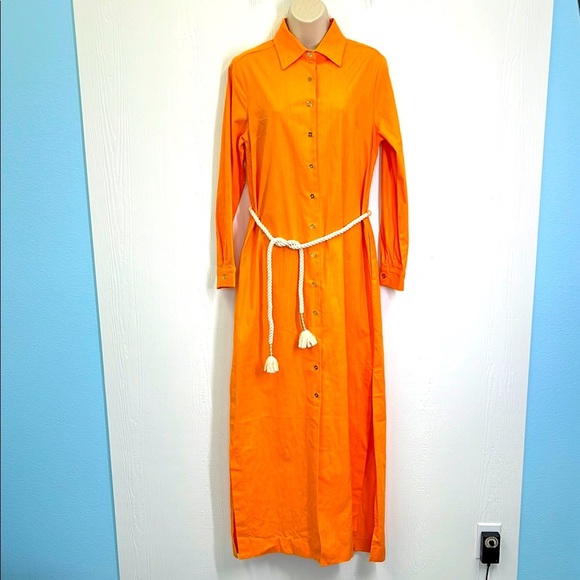 CK Bradley - NWT Orange Button Down Long Sleeve Rope Belt Slit Maxi Dress Large - Picture 1 of 14